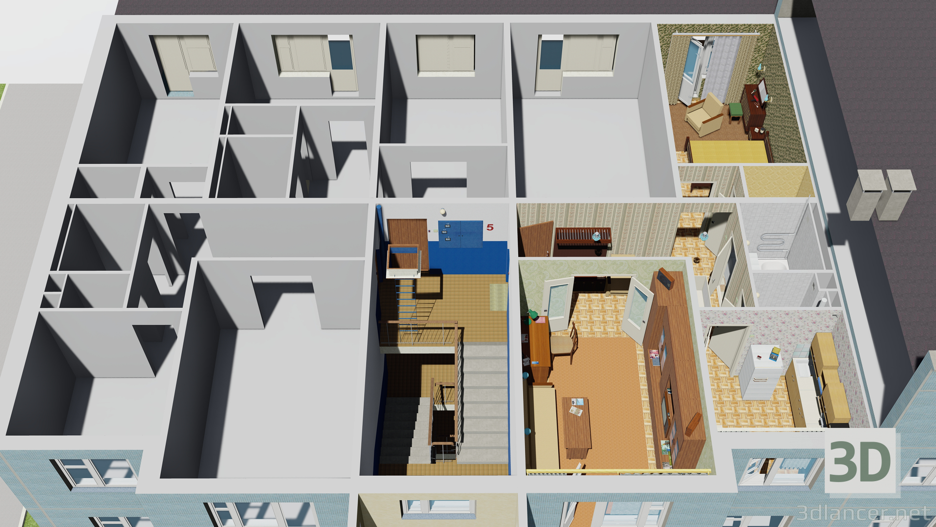modèle 3D de Bâtiment à panneaux de cinq étages avec un appartement soviétique des années 80 acheter - rendu