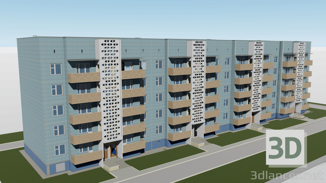 3D 80'lerden kalma bir Sovyet apartmanına sahip beş katlı panel binası modeli satın - render