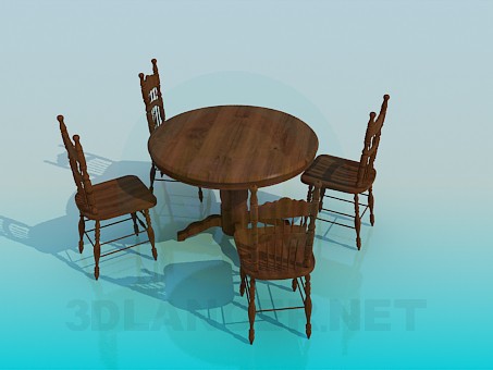 3d модель Деревянные стол и стулья в наборе – превью
