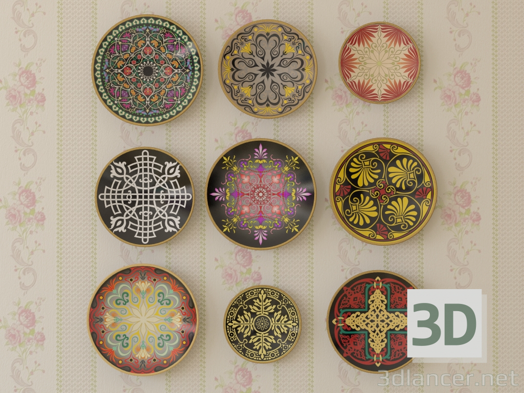 3d Set of decorative plates with different ornaments model buy - render