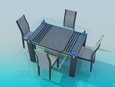 3d модель Стіл зі скляною стільницею та стільці – превью