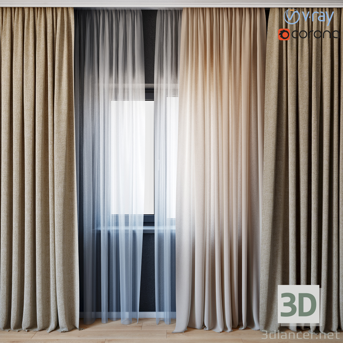3d Curtains with tulle set 01 model buy - render