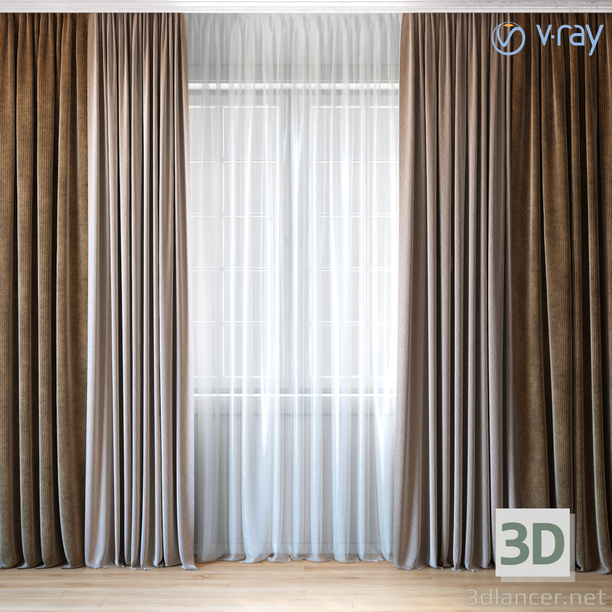 3d Curtains with tulle set 02 model buy - render