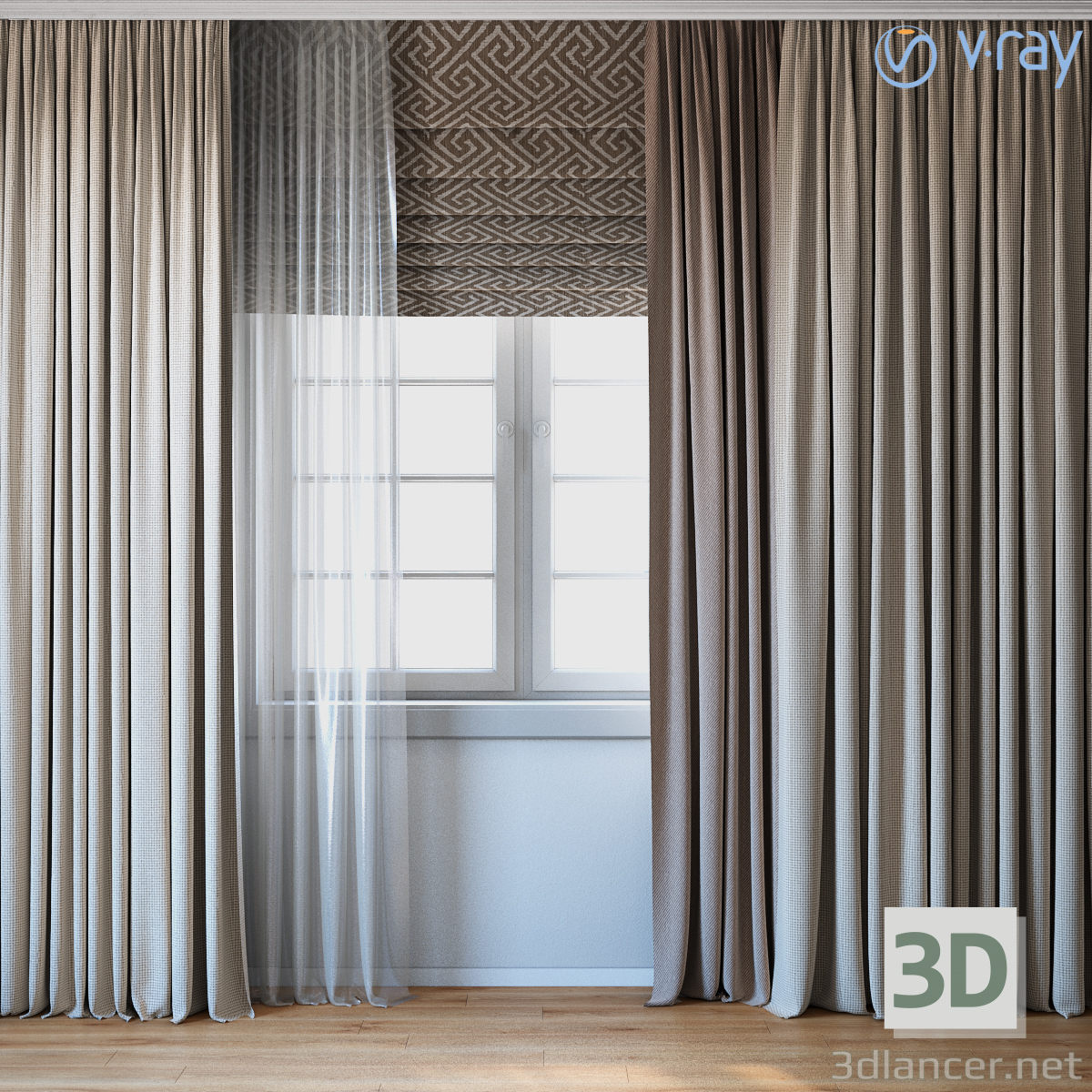 3d Curtains with Roman curtain and Telle set 02 модель купити - зображення