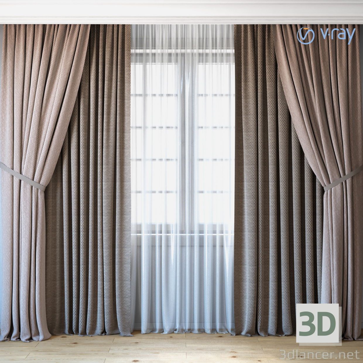 3d Curtains with tulle set 04 model buy - render