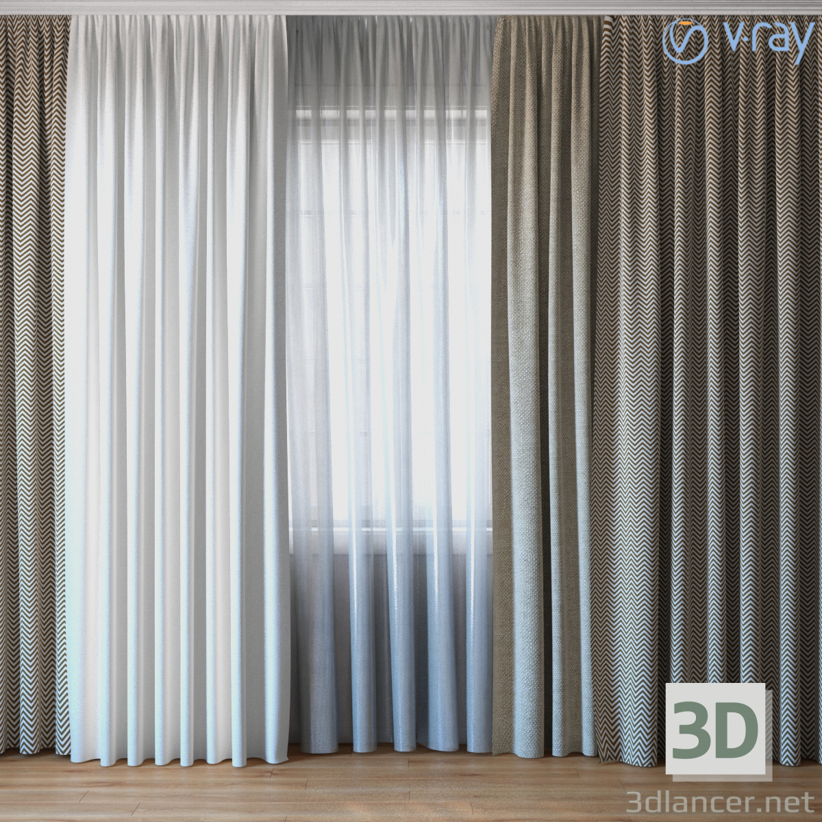 3d Curtains with tulle V-ray set 03 модель купить - ракурс