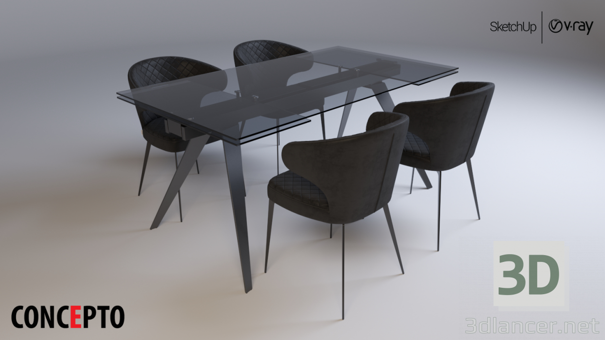 3d Concepto Glassy Keen стіл розкладний чорний + Concepto Keen стілець нафтової сірий модель купити - зображення