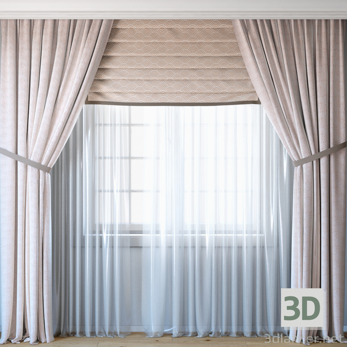 modèle 3D de Ensemble de rideaux à rideaux et tulle romains 03 acheter - rendu