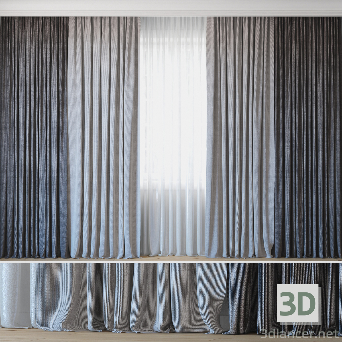 3d Curtains with tulle set 06 model buy - render