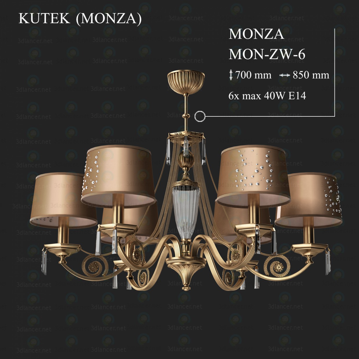 modello 3D Lampadario a bracci Kutek monza mon-zw-6 - anteprima