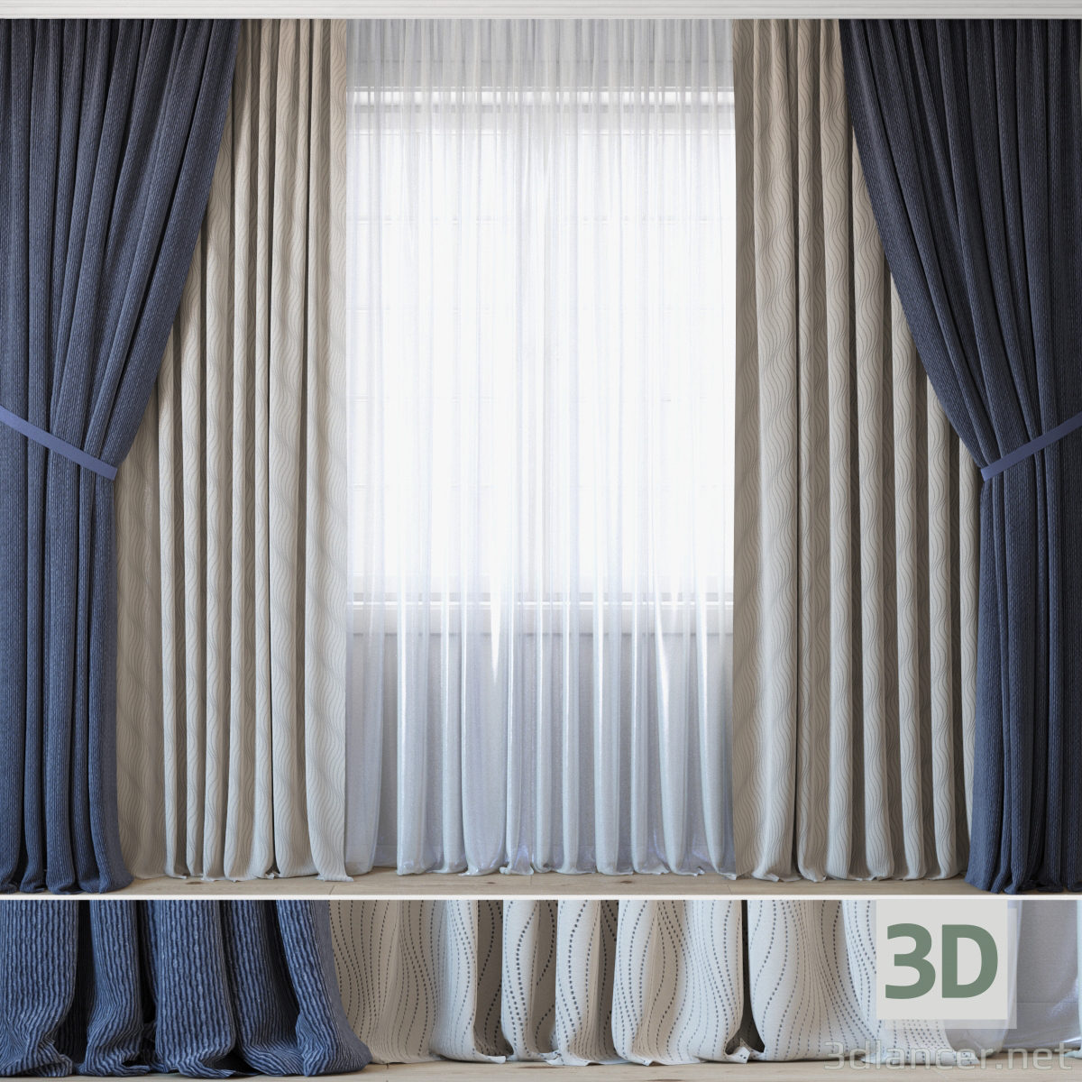 3d Curtains with tulle set 3 in 1 модель купить - ракурс