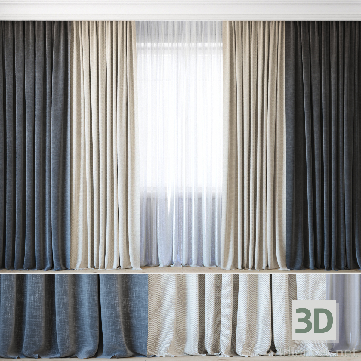 3d Curtains with tulle set 07 model buy - render