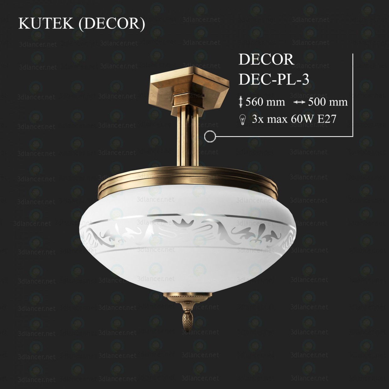modello 3D Lampadario a bracci arredamento Kutek dec-pl-3 - anteprima