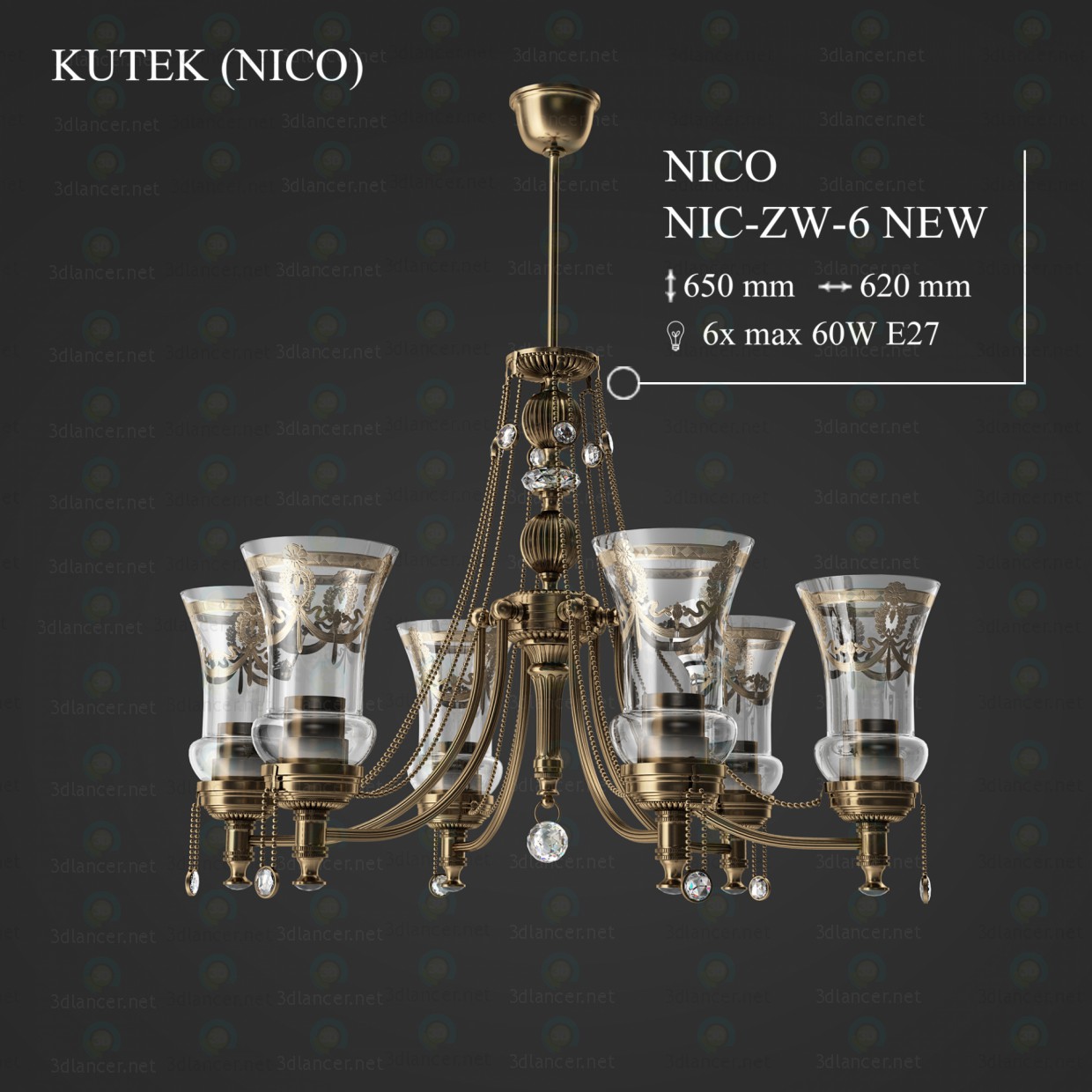 modello 3D Lampadario a bracci Kutek nico nic-zw-6-nuovo - anteprima