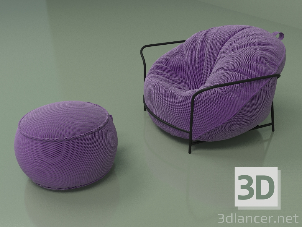 modello 3D Poltrona Uni con pouf (viola) - anteprima