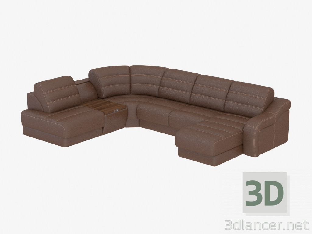 modello 3D divano ad angolo in pelle con una barra - anteprima