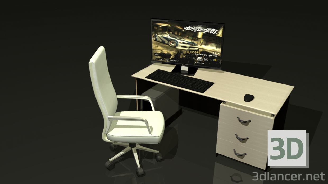 3d Computer table and chair with a roller model buy - render