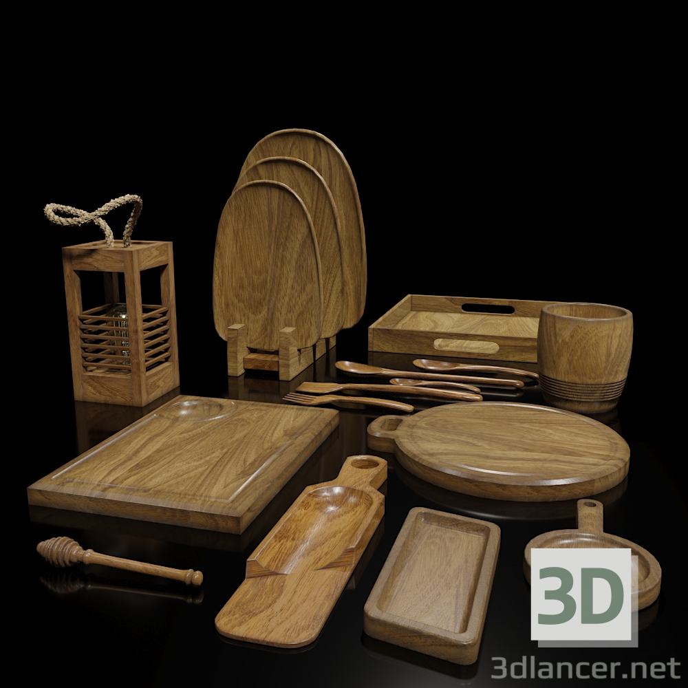 3D Ahşap mutfak eşyaları modeli satın - render