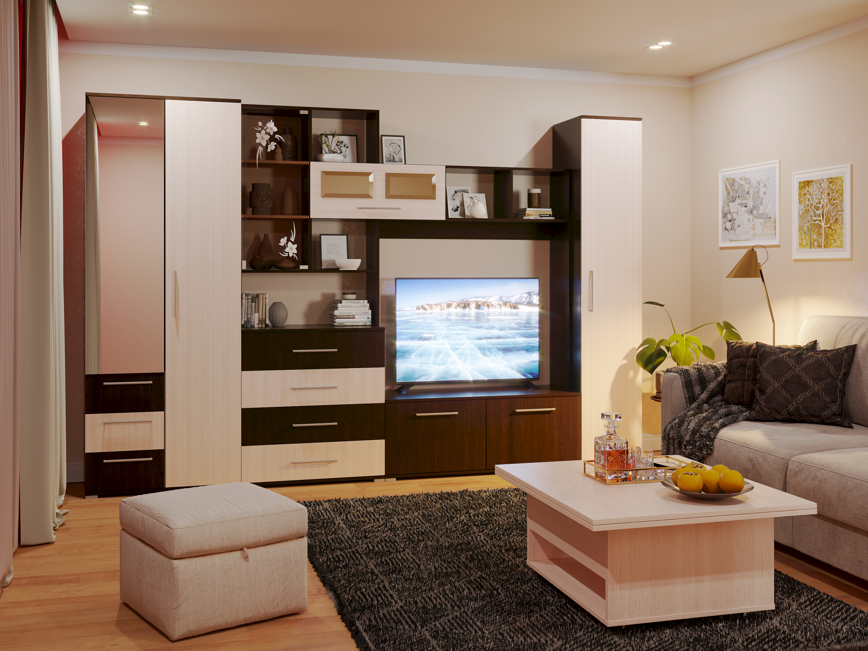 कमरे में रहने वाले फर्नीचर का विजुअलाइजेशन 3d max corona render में प्रस्तुत छवि