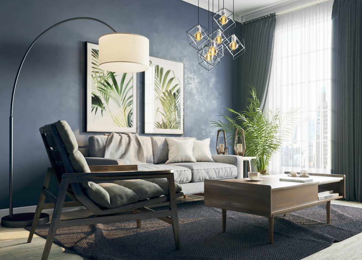 गहरे रंगों के साथ रहने वाले कमरे का दृश्य। 3d max corona render में प्रस्तुत छवि
