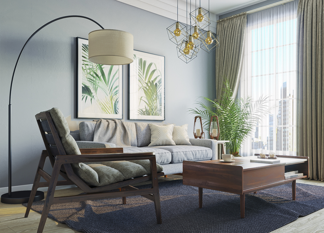 चमकीले रंगों में रहने वाले कमरे का दृश्य। 3d max corona render में प्रस्तुत छवि