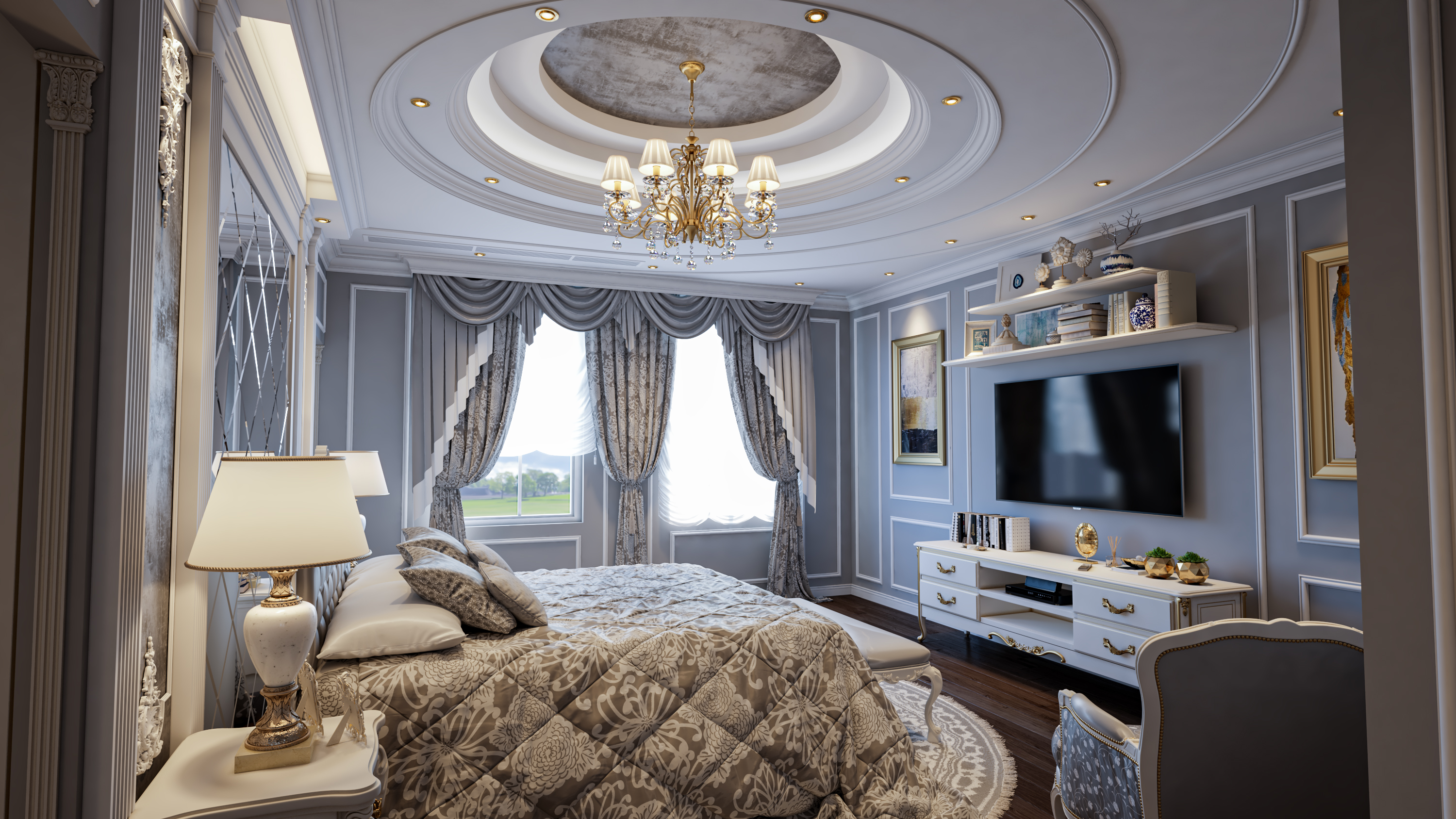 Camera da letto matrimoniale grigio e bianco in 3d max vray 3.0 immagine