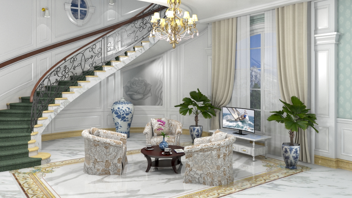 Living room with a twisted staircase in SketchUp vray 3.0 image