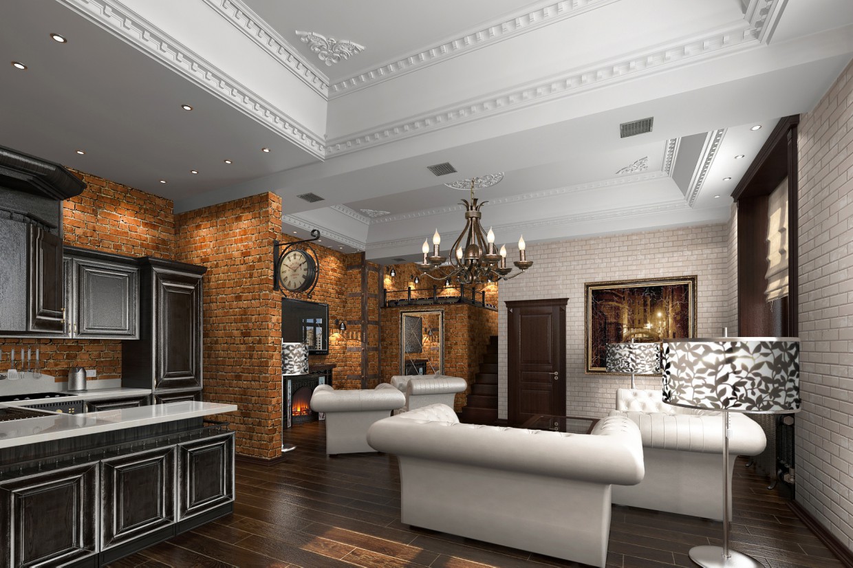 гостиная-лофт гостиная-лофт в 3d max vray изображение
