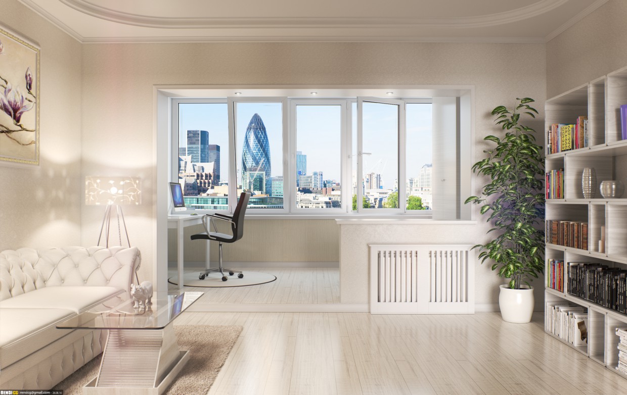 View of a balcony from a room. Warm window glazing in 3d max corona render image
