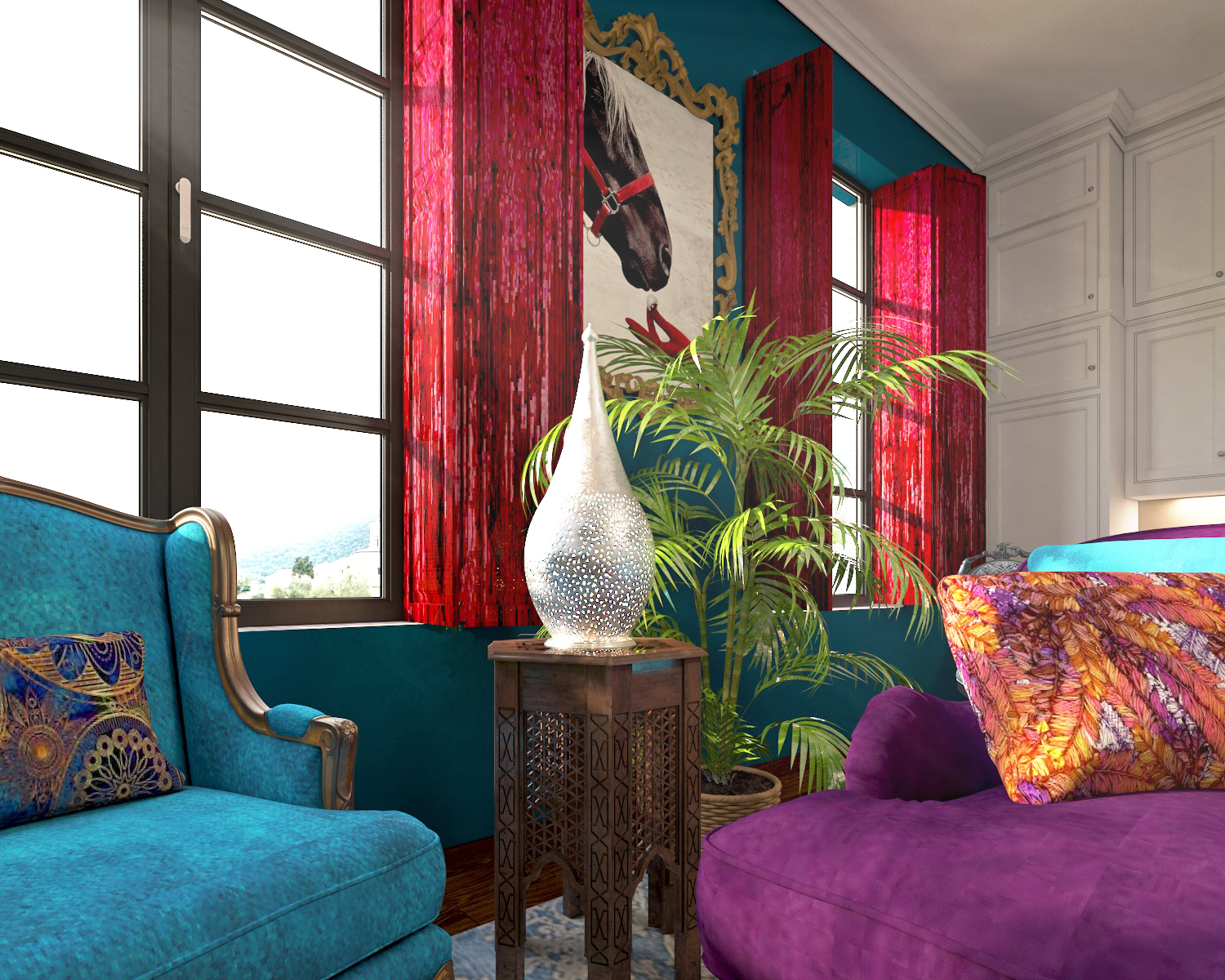 Bohemian boho style living room kitchen in 3d max vray 3.0 image
