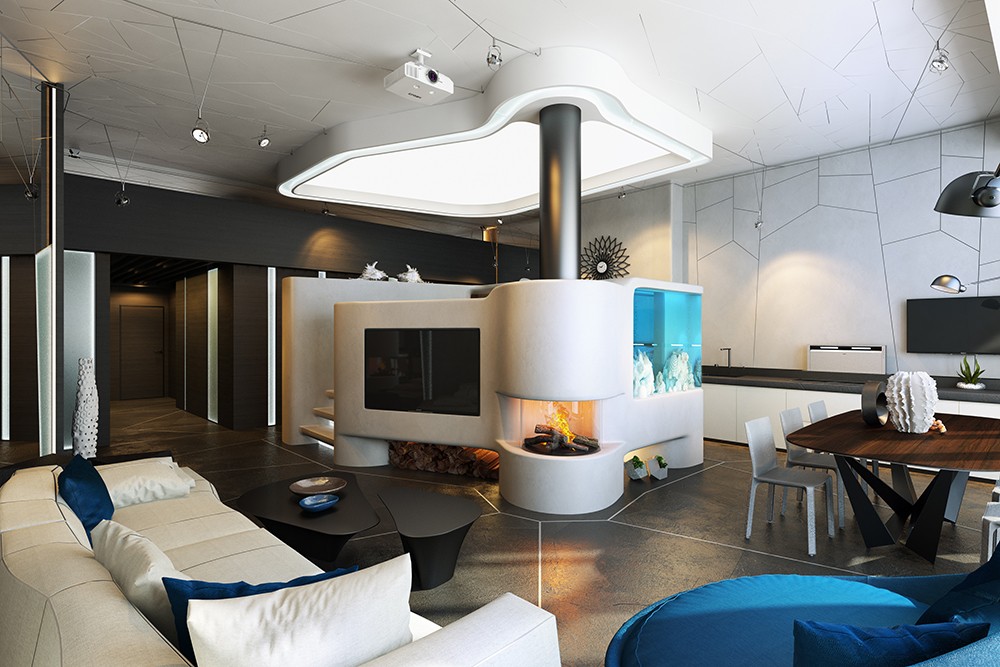 Apartment with aquarium in Blender cycles render image