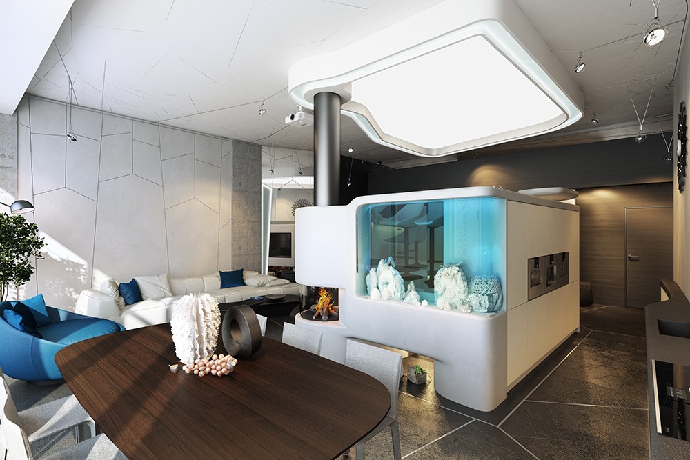 Apartment with aquarium in Blender cycles render image