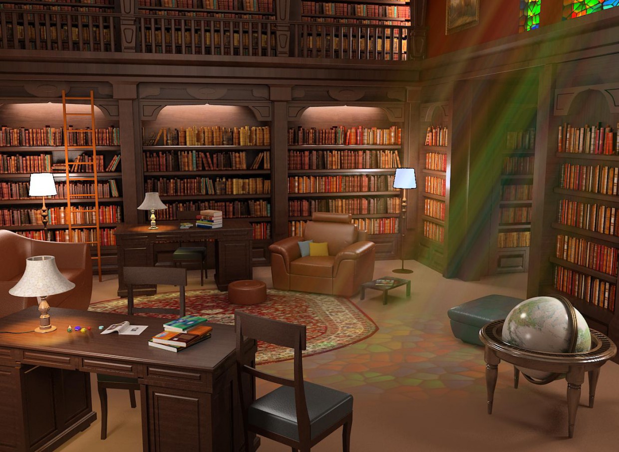 imagen de sala de biblioteca en 3d max vray