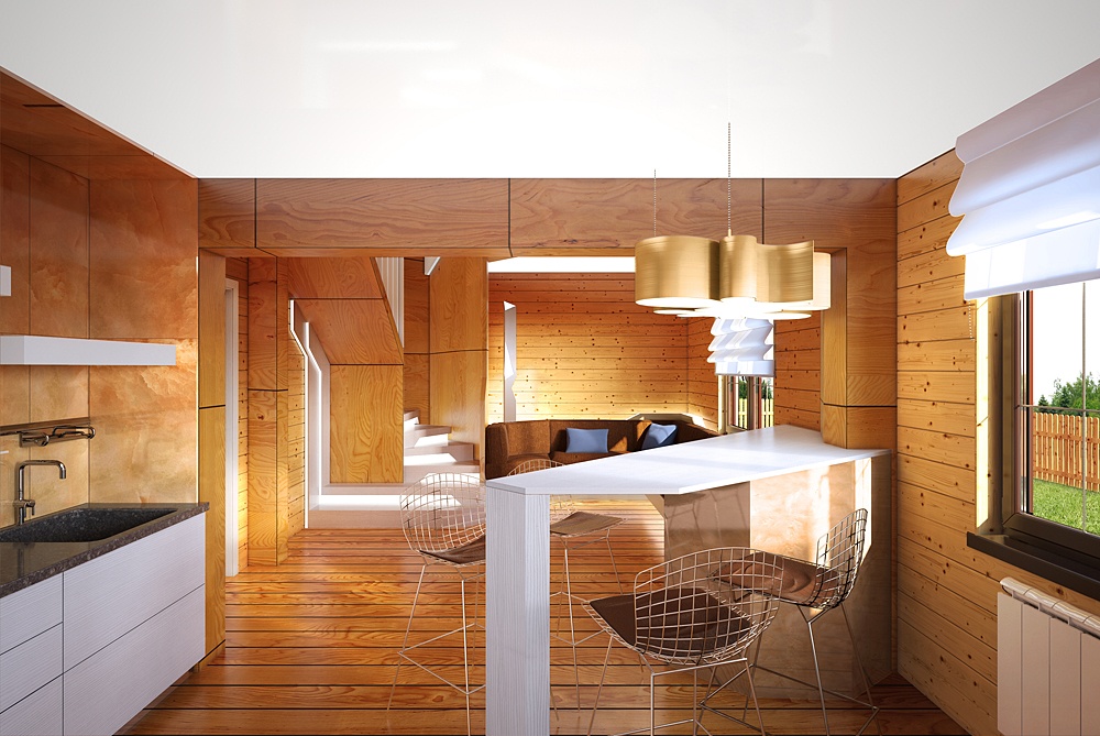 imagen de Una casa de madera moderna. Interior y exterior en 3d max corona render
