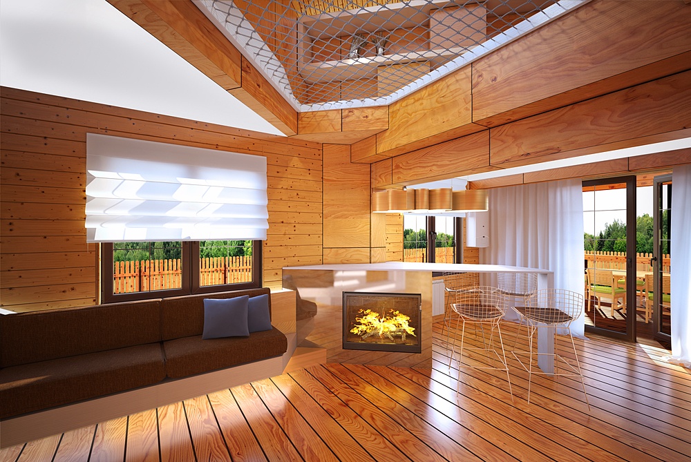 Modern bir ahşap ev. Iç ve dış in 3d max corona render resim