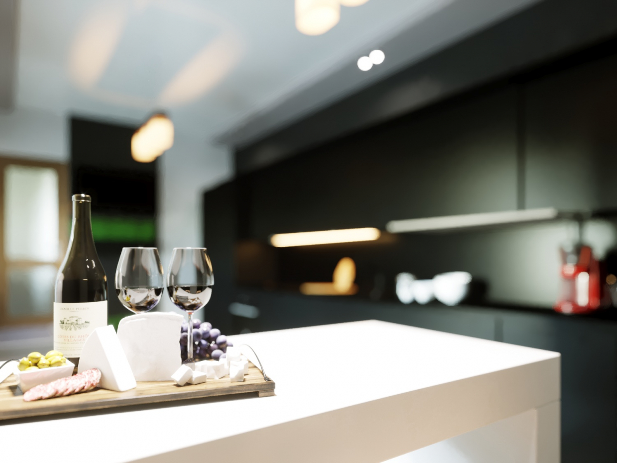 imagen de cocina blanco y negro en ArchiCAD corona render