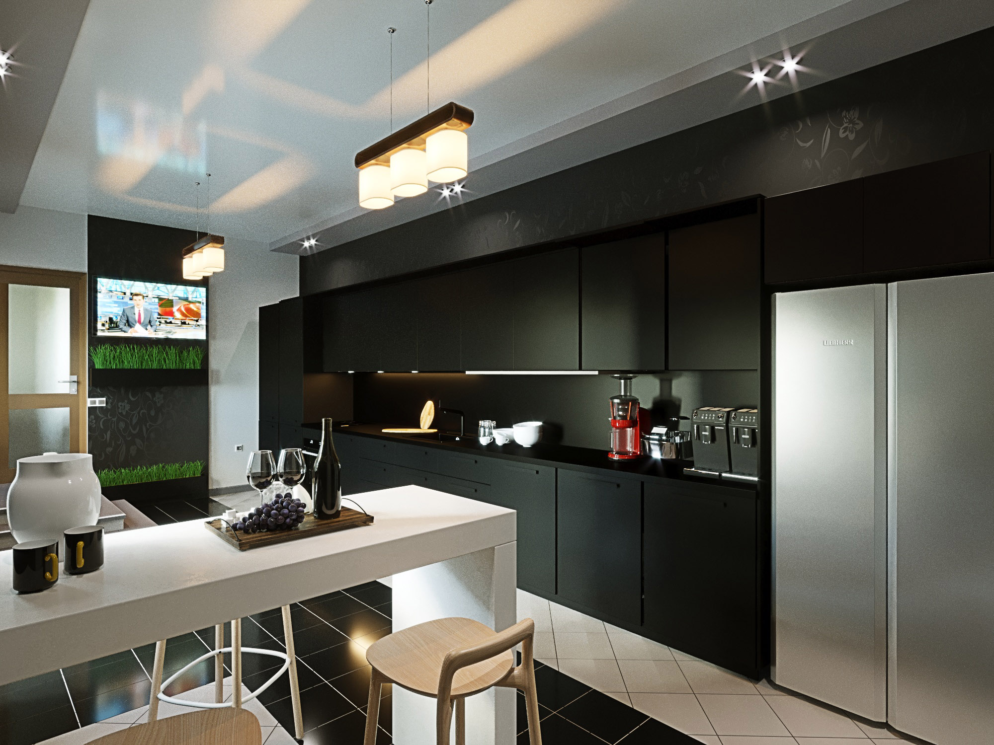 imagen de cocina blanco y negro en ArchiCAD corona render