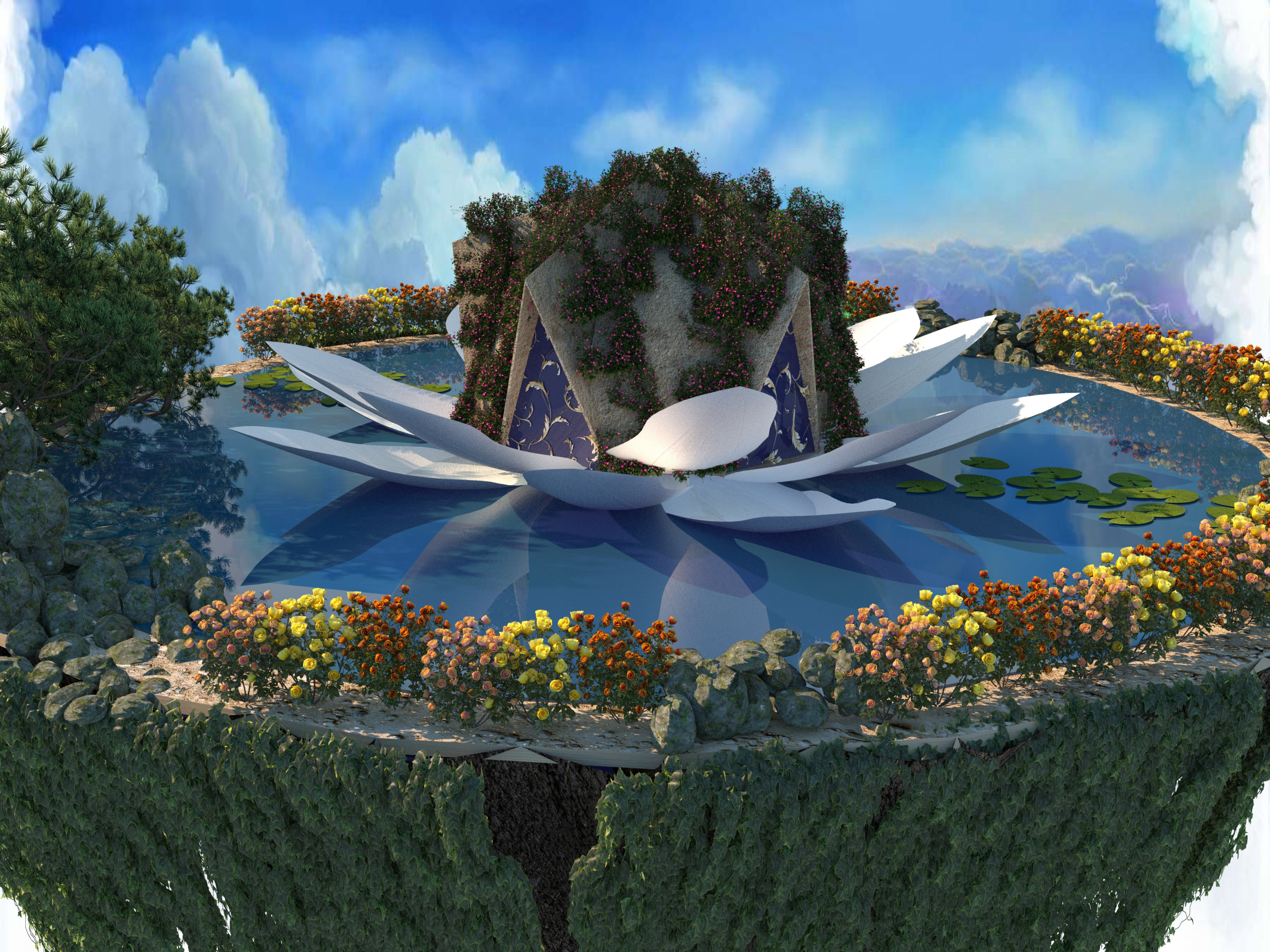 Yüzen bir adada kubbeli ev in 3d max corona render resim