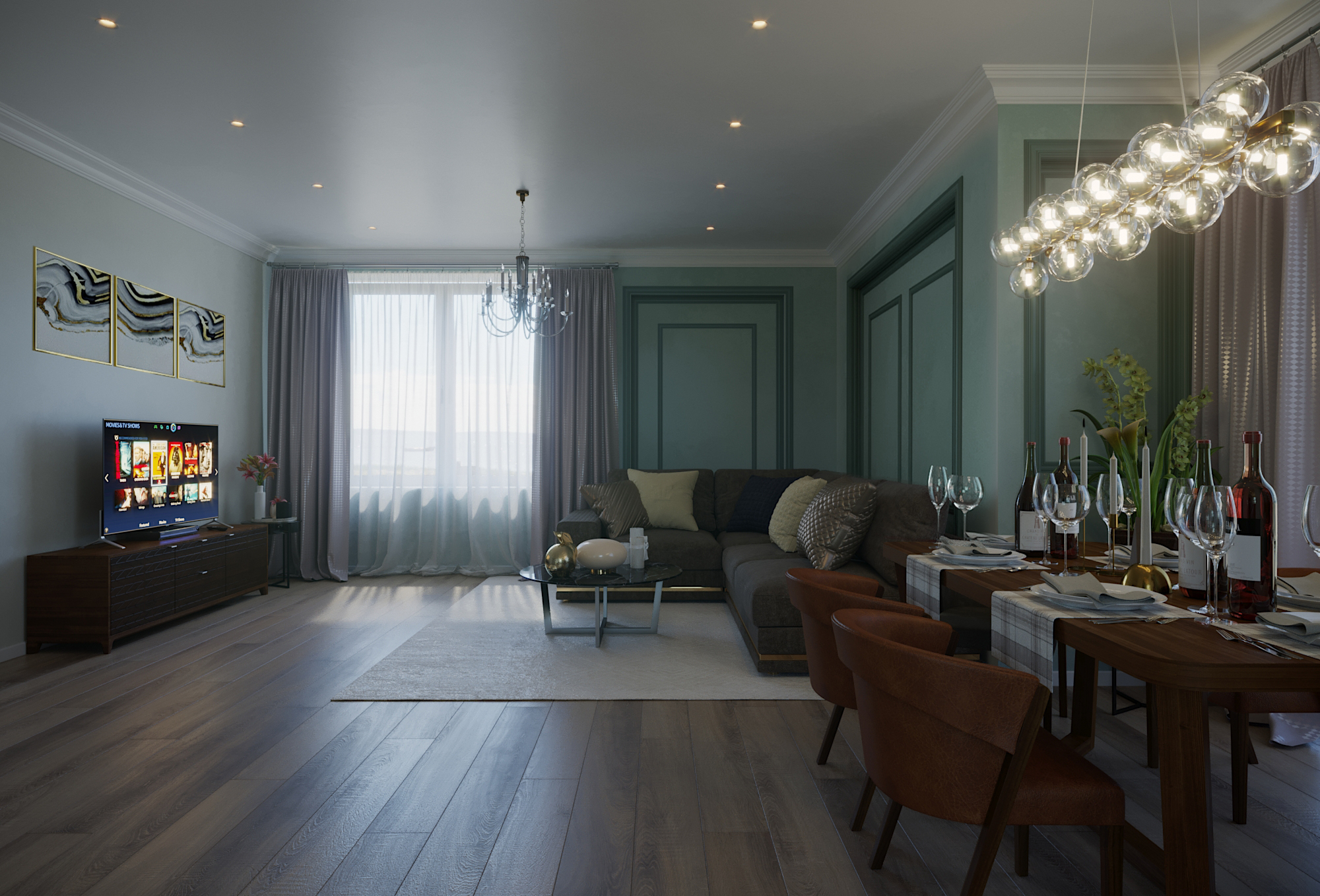 3D visualization living room with kitchen in 3d max corona render image