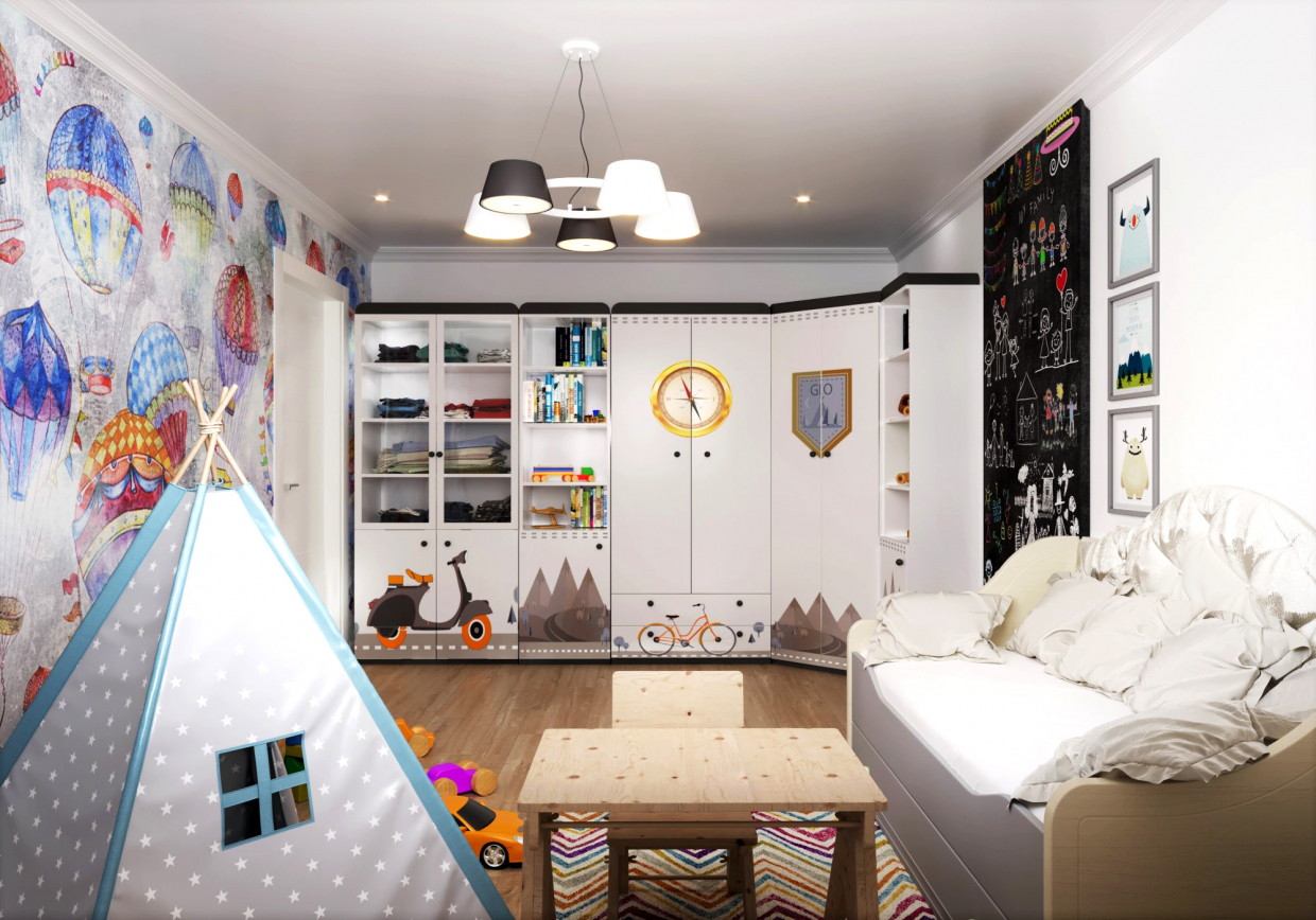 एक बच्चे के कमरे का विजुअलाइजेशन 3d max corona render में प्रस्तुत छवि