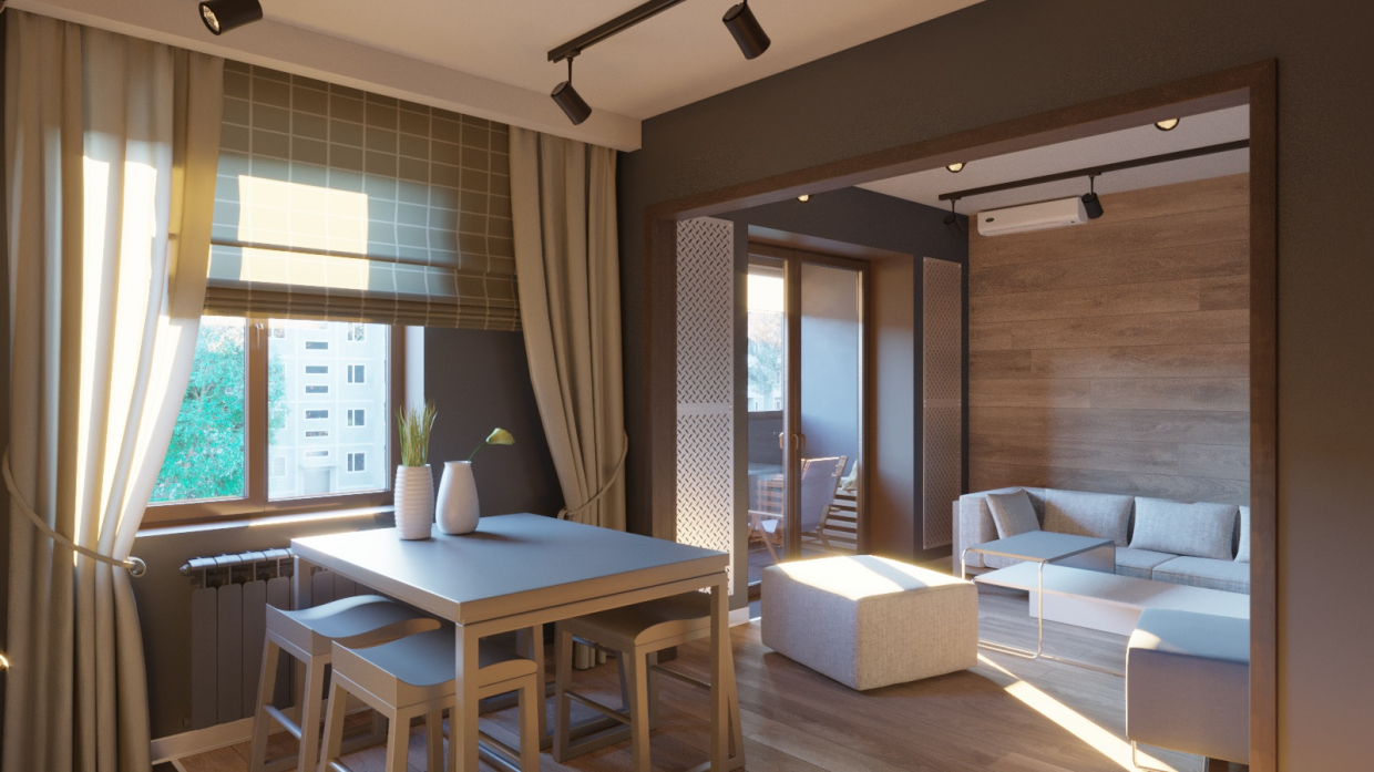 एक छोटे से रहने वाले कमरे के साथ रसोईघर 3d max corona render में प्रस्तुत छवि