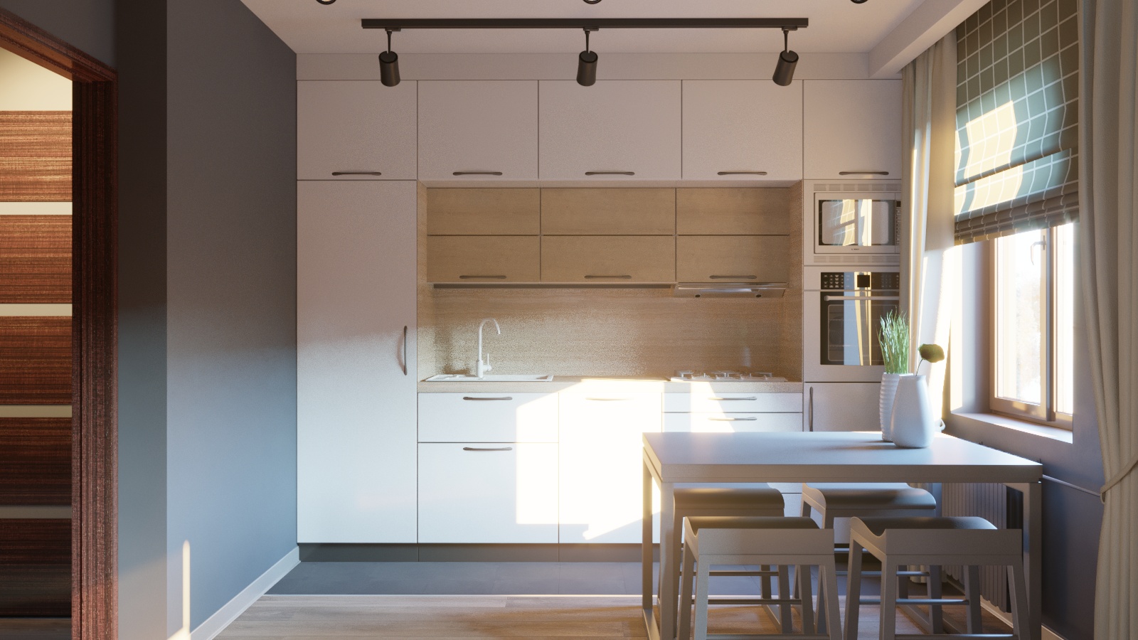 Cucina con un piccolo soggiorno in 3d max corona render immagine