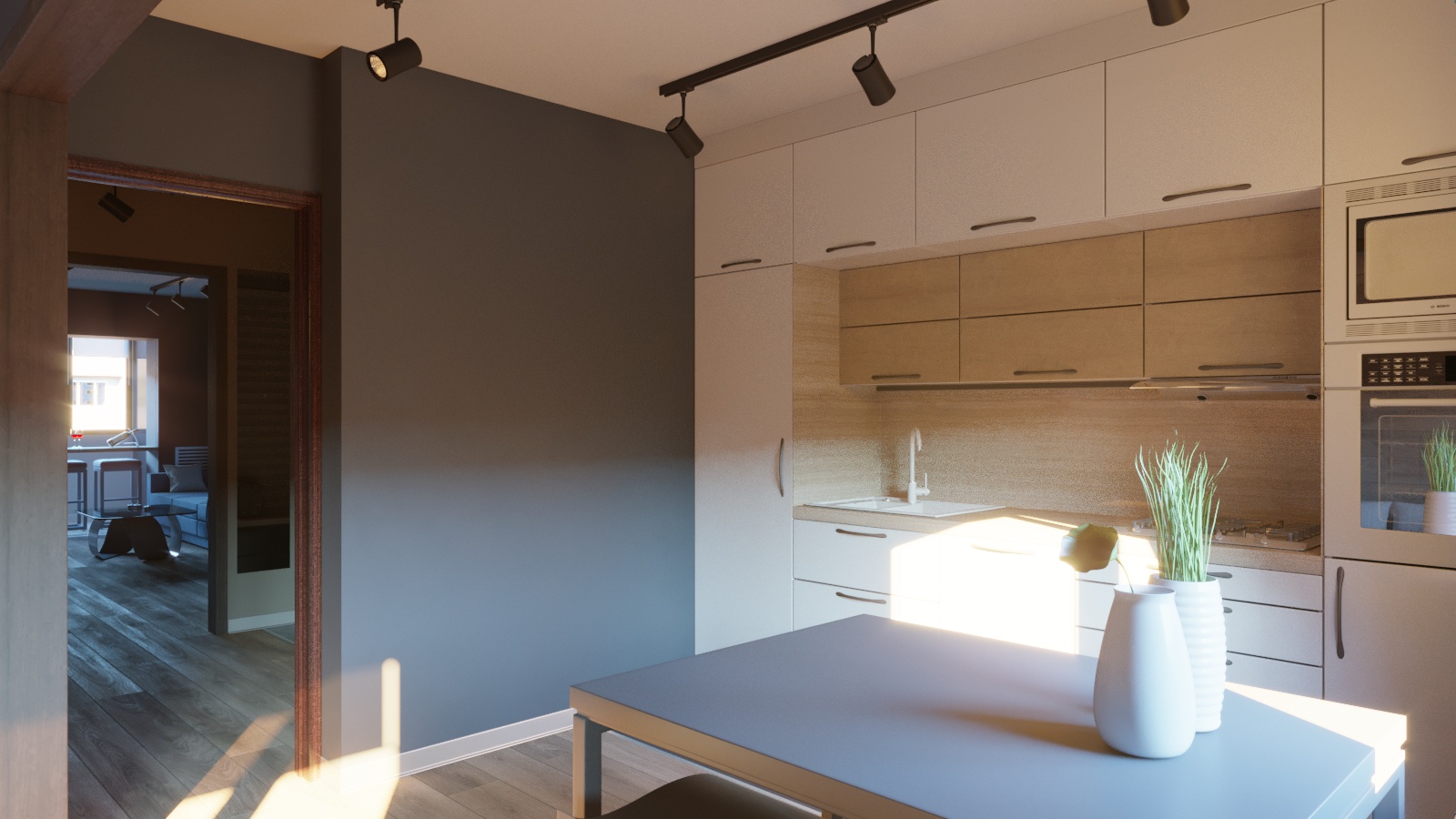 Kitchen with a small living room in 3d max corona render image