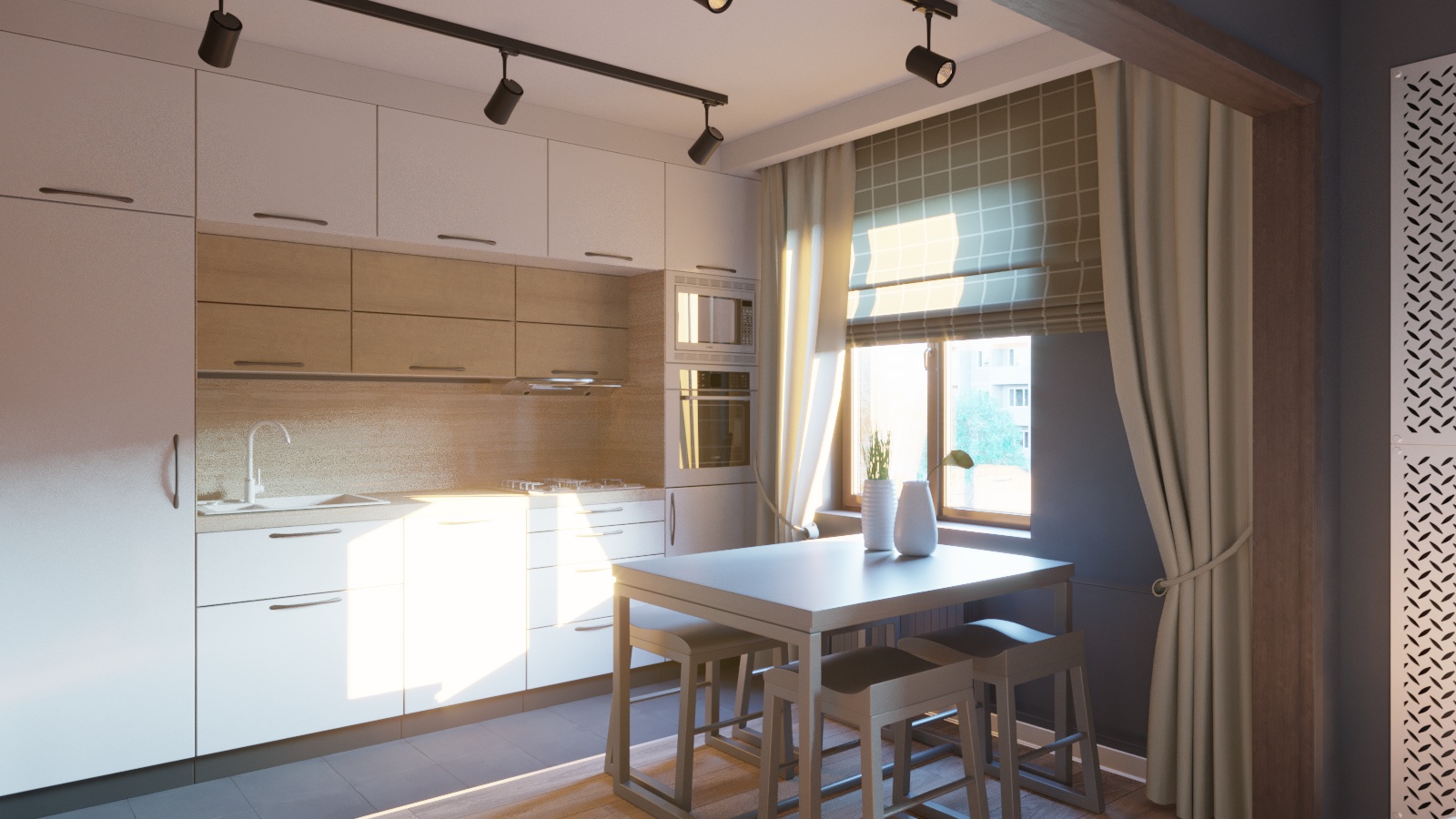 Cucina con un piccolo soggiorno in 3d max corona render immagine