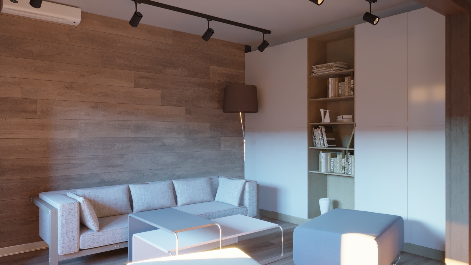 एक छोटे से रहने वाले कमरे के साथ रसोईघर 3d max corona render में प्रस्तुत छवि