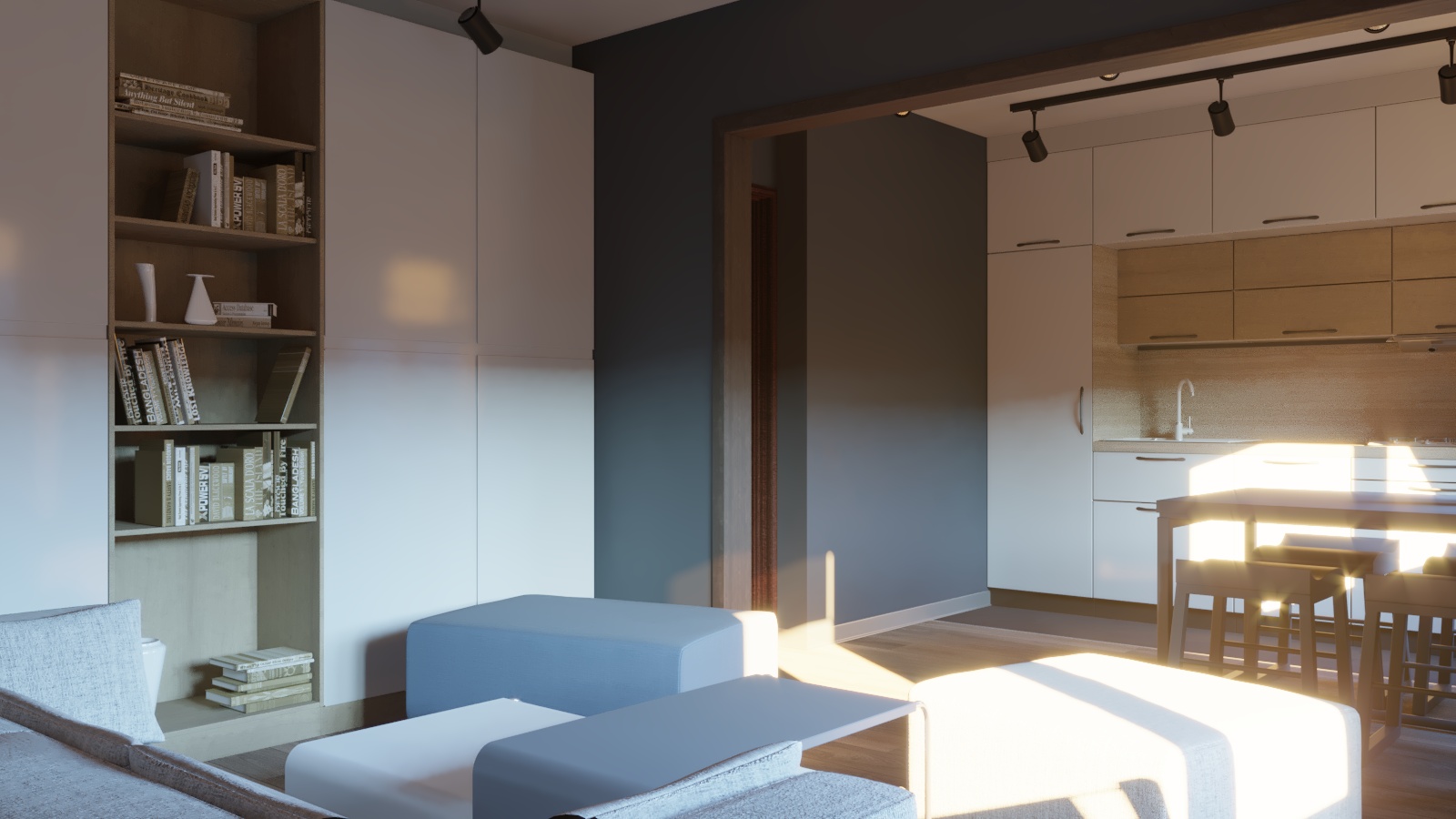 Küçük bir oturma odasına sahip mutfak in 3d max corona render resim