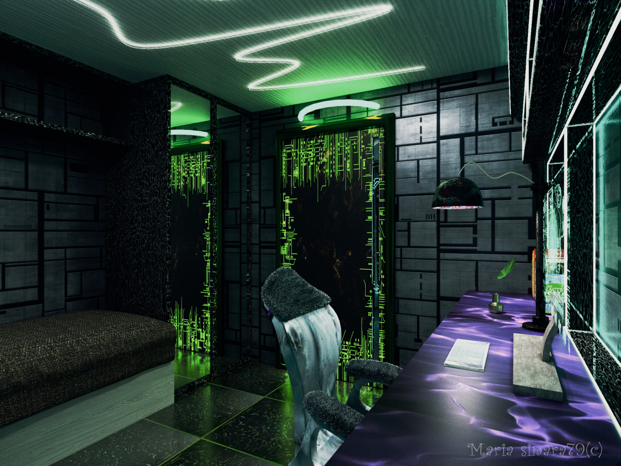 quarto para um adolescente com elementos cyberpunk em 3d max corona render imagem