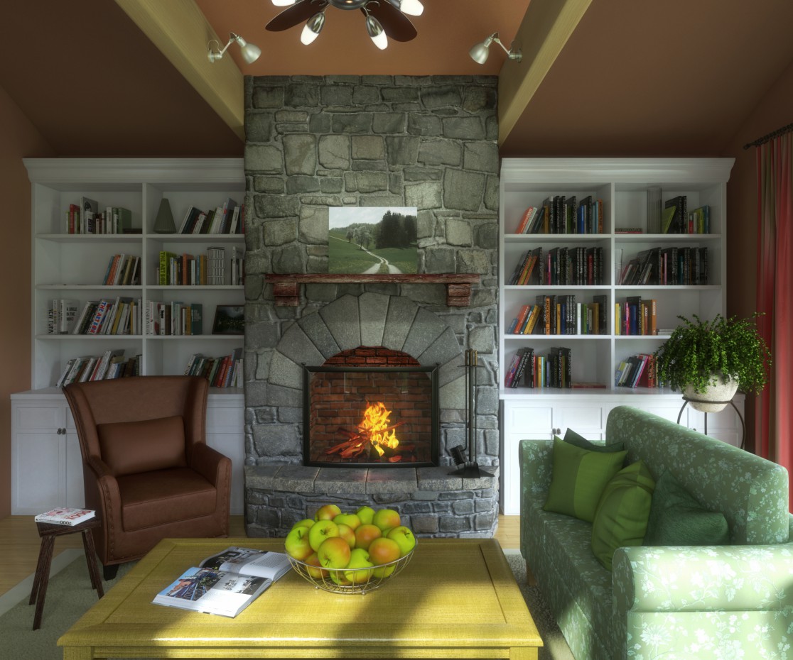 Living room with fireplace in 3d max vray image