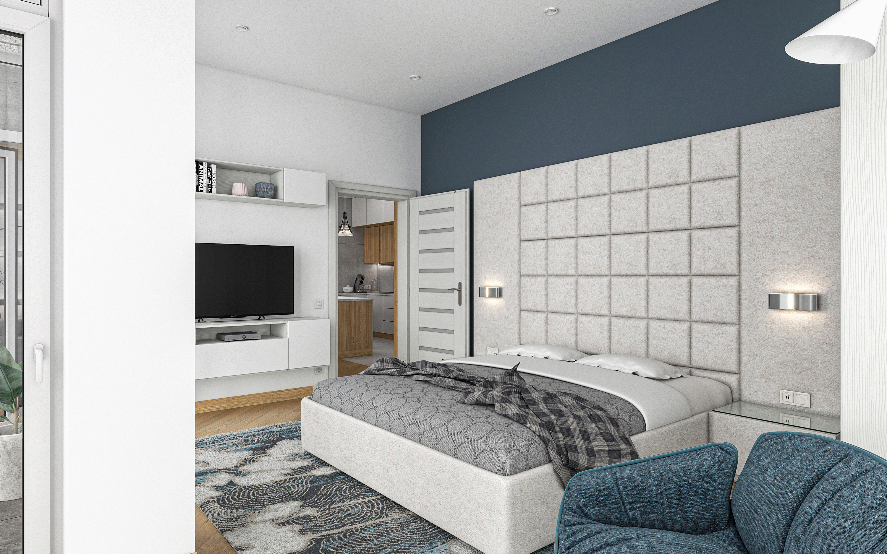 एक बेडरूम का अपार्टमेंट S68 3d max corona render में प्रस्तुत छवि
