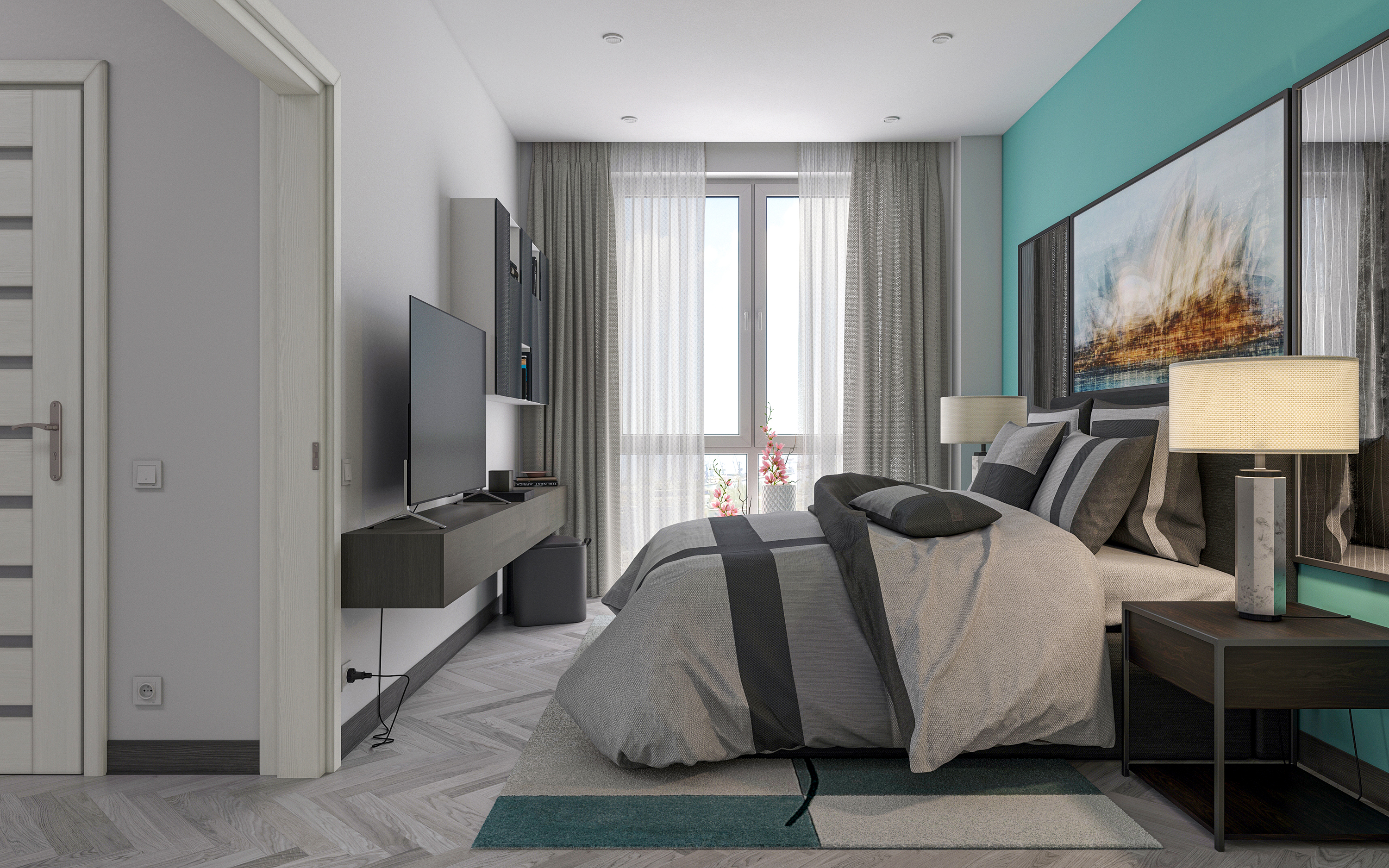एक बेडरूम का अपार्टमेंट S66 3d max corona render में प्रस्तुत छवि